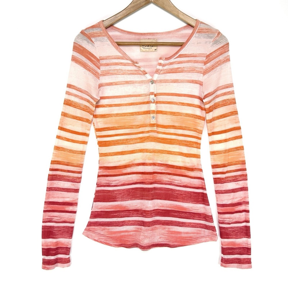 Gypsy 05 Henley Shirt Women's Medium Ribbed Long Sleeve Orange Red Stripe Cali